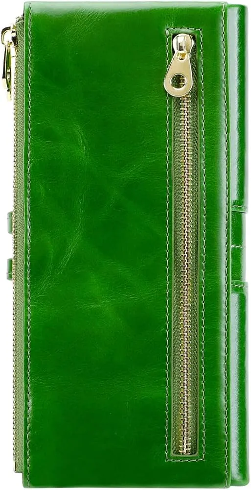 Women's RFID Blocking Wallet Soft Leather Clutch Money Ladies Purse Slim Card Holder Organizer Zip Pocket (3020-Green)