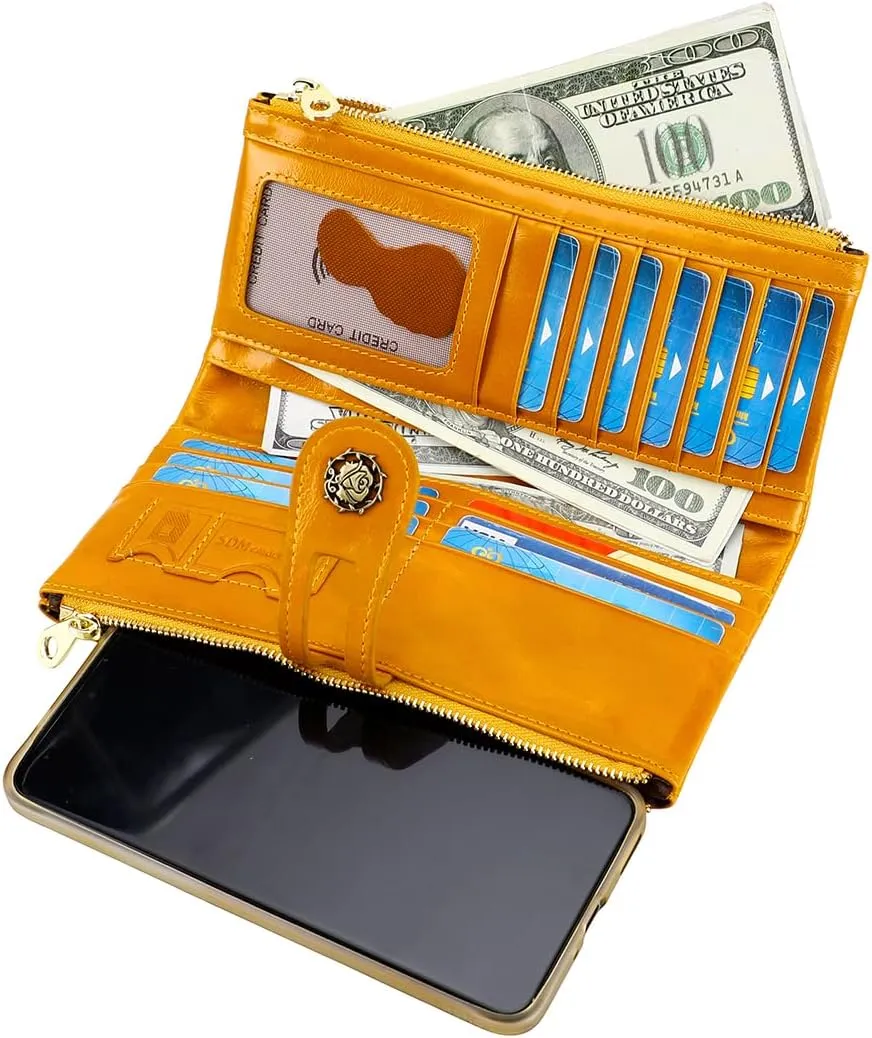 Women's RFID Blocking Wallet Soft Leather Clutch Money Ladies Purse Slim Card Holder Organizer Zip Pocket (3020-Yellow)