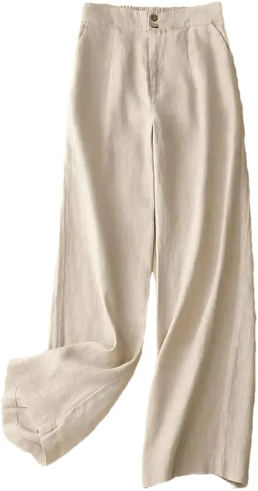 Women's Solid Color Straight Pants Casual Button Fly Wide Leg Pants Cotton Harem Pants