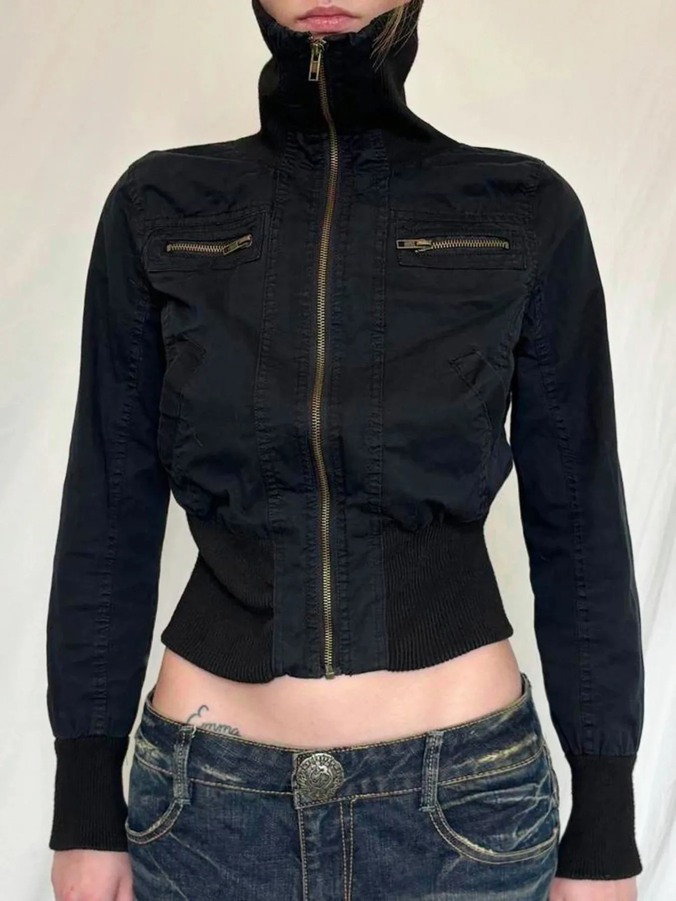 Women's Stand Collar Slim Pocket Zip Up Jackets