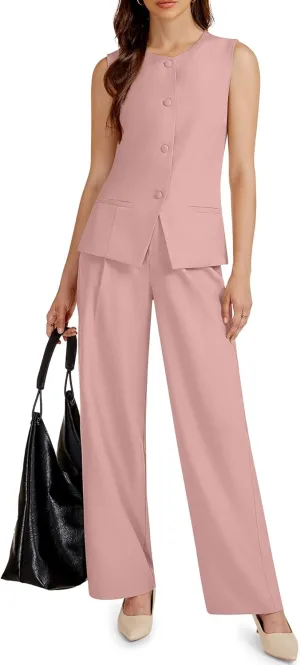 Women's Summer 2 Piece Blazer Outfits Sleeveless Crewneck Vest Wide Leg Pantsuit 2025 Dressy Casual Work Sets