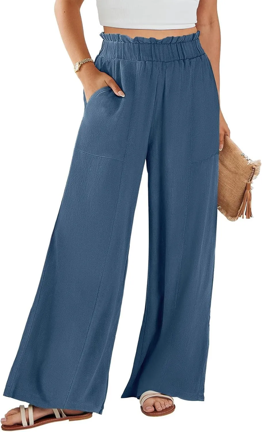 Women's Summer Fashion Casual Wide Leg Drawstring High Waist Pocket Long Dressy Loose Fit Pants