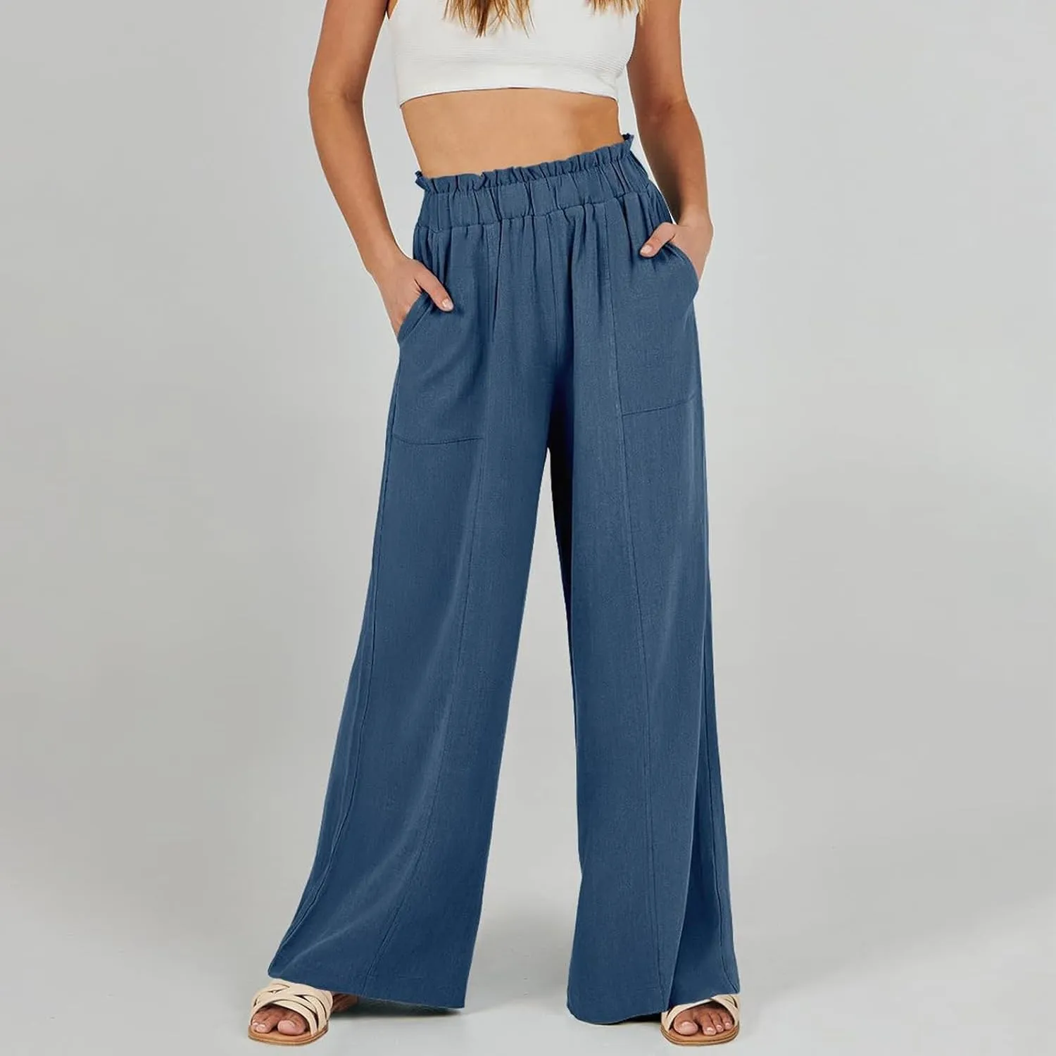 Women's Summer Fashion Casual Wide Leg Drawstring High Waist Pocket Long Dressy Loose Fit Pants