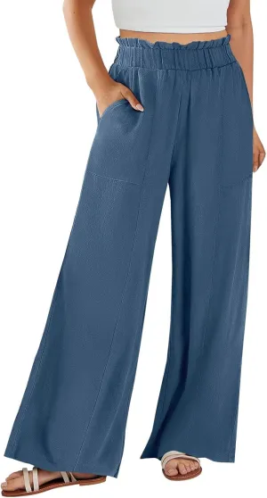 Women's Summer Fashion Casual Wide Leg Drawstring High Waist Pocket Long Dressy Loose Fit Pants