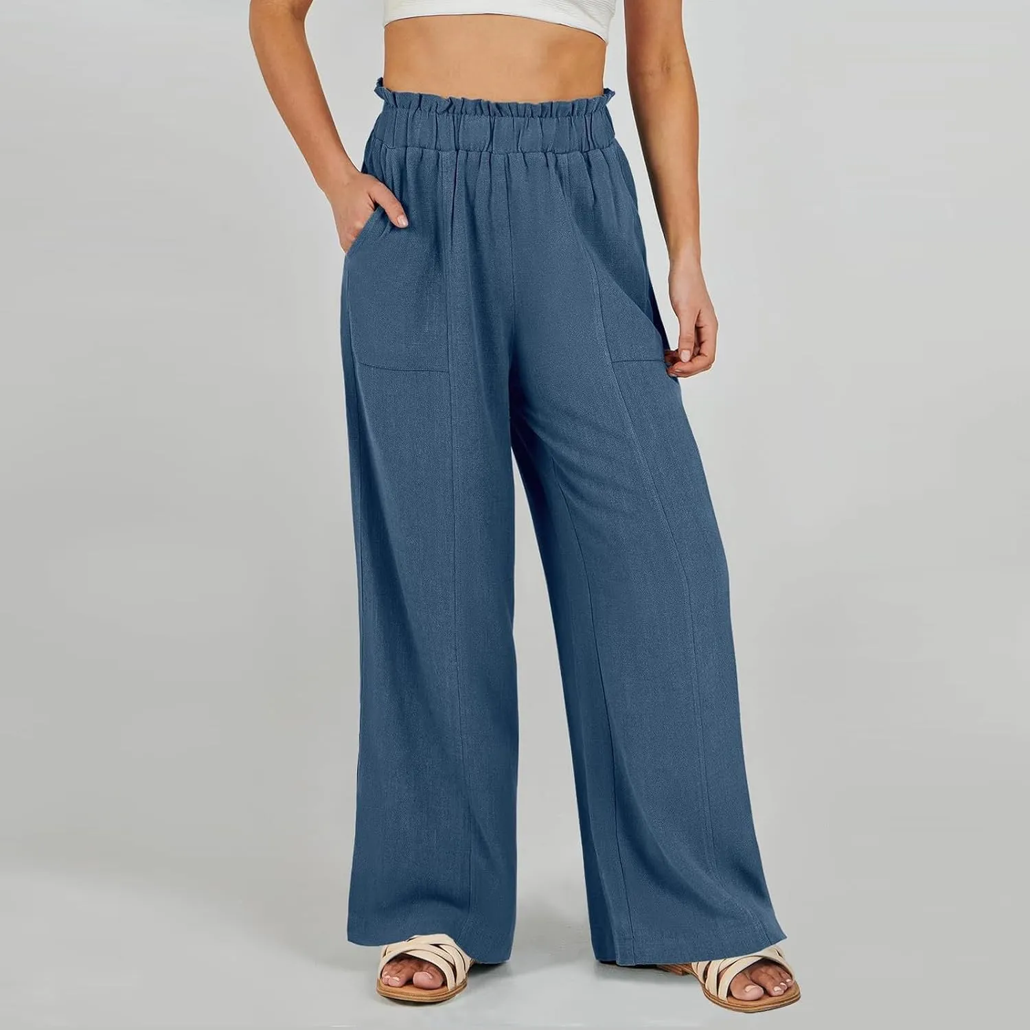 Women's Summer Fashion Casual Wide Leg Drawstring High Waist Pocket Long Dressy Loose Fit Pants