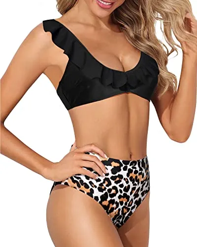 Women's Two Piece Bikini Sets Swimsuit With High Waisted Bathing Suit-Black And Leopard