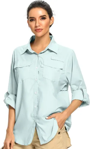Women's UPF 50 Long Sleeve Safari Shirts,Sun Protection Quick Dry Outdoor Fishing Hiking gardening Shirt (6 Light Blue, Small)