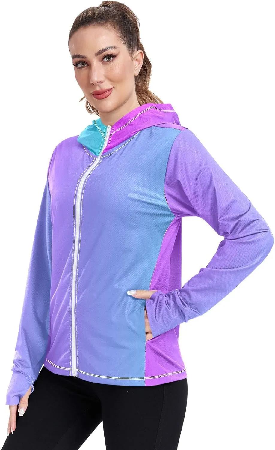 Womens Upf Hoodie Purple Pink Gradient UV Cooling Hoodie Summer Clothing Long Sleeve Spf 50 Quick Dry Cooling Shirts