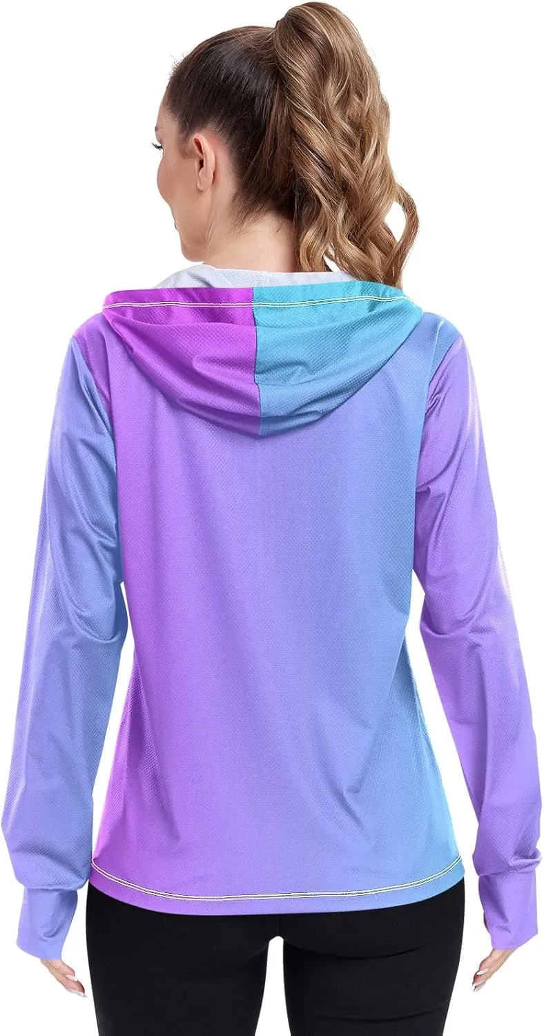 Womens Upf Hoodie Purple Pink Gradient UV Cooling Hoodie Summer Clothing Long Sleeve Spf 50 Quick Dry Cooling Shirts