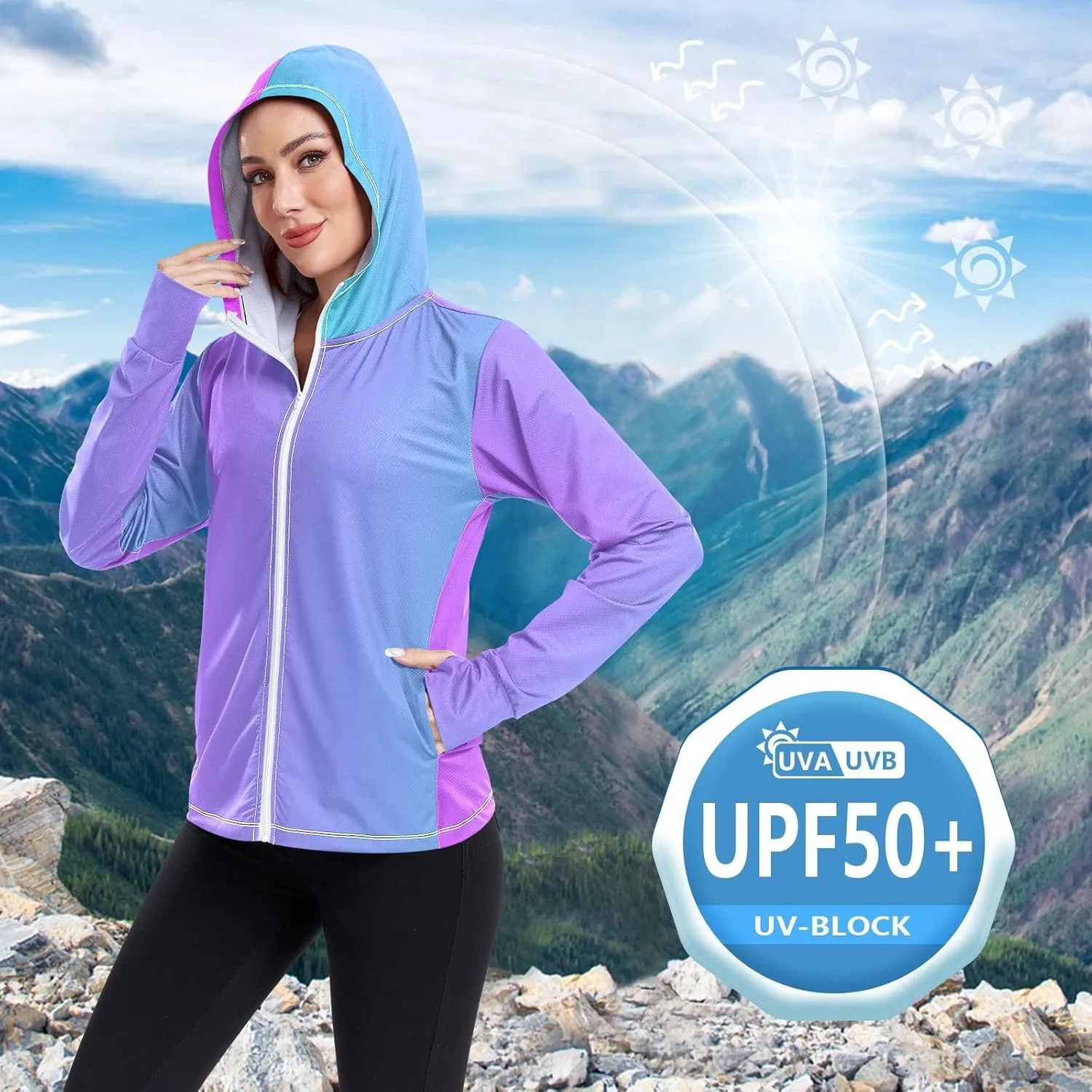 Womens Upf Hoodie Purple Pink Gradient UV Cooling Hoodie Summer Clothing Long Sleeve Spf 50 Quick Dry Cooling Shirts