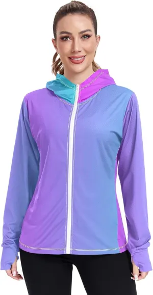 Womens Upf Hoodie Purple Pink Gradient UV Cooling Hoodie Summer Clothing Long Sleeve Spf 50 Quick Dry Cooling Shirts