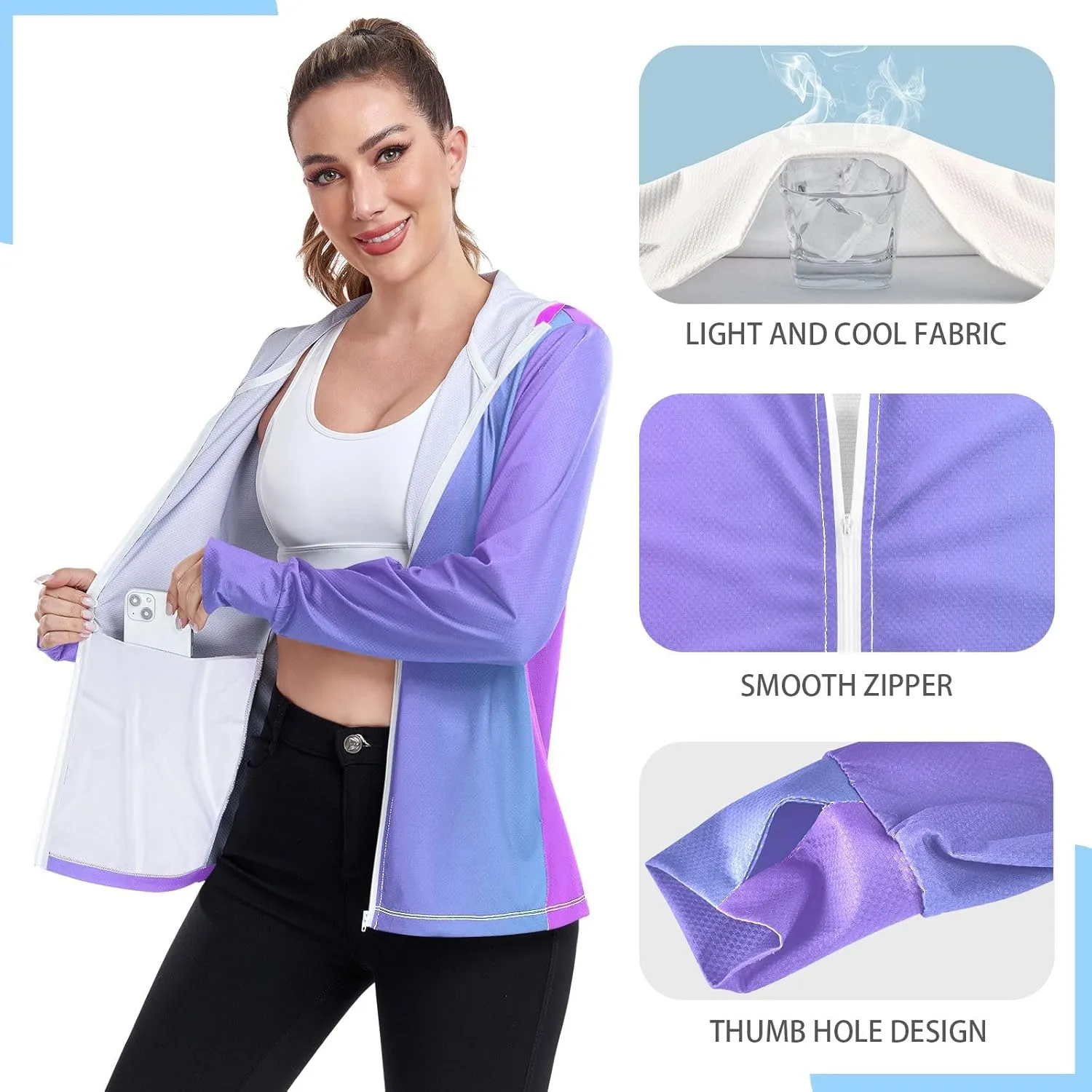 Womens Upf Hoodie Purple Pink Gradient UV Cooling Hoodie Summer Clothing Long Sleeve Spf 50 Quick Dry Cooling Shirts