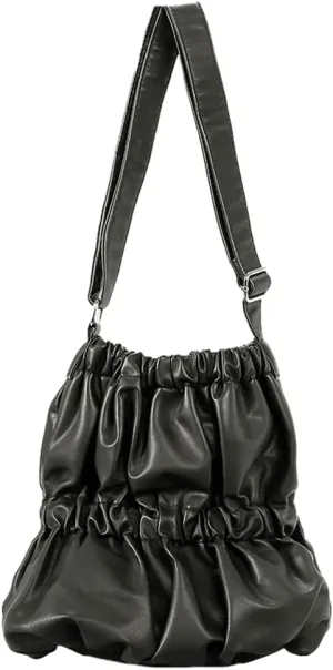 Womens Vintage Tote Bag Large Bucket Shoulder Crossbody Purse Distressed Leather Handbag Elastic Pleated Satchel