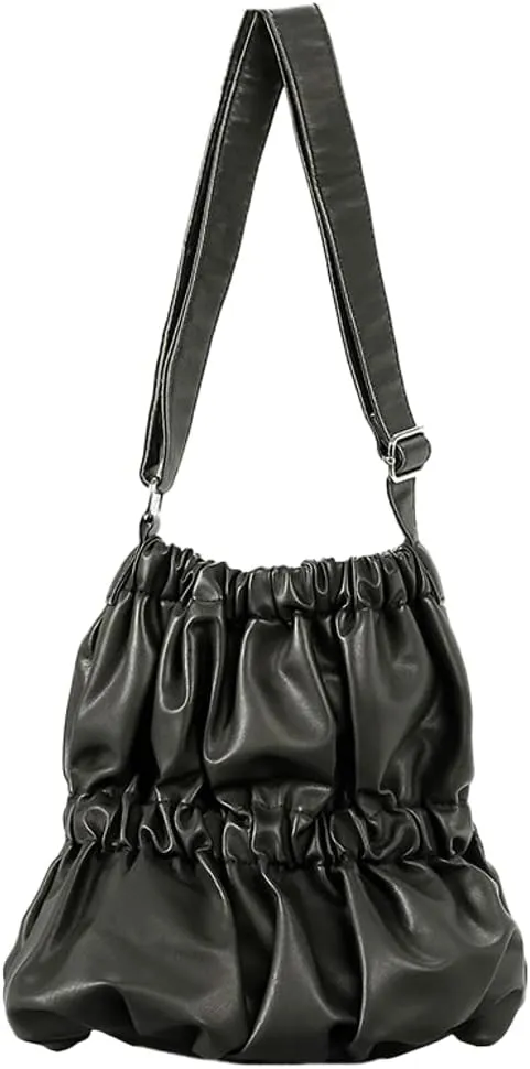 Womens Vintage Tote Bag Large Bucket Shoulder Crossbody Purse Distressed Leather Handbag Elastic Pleated Satchel