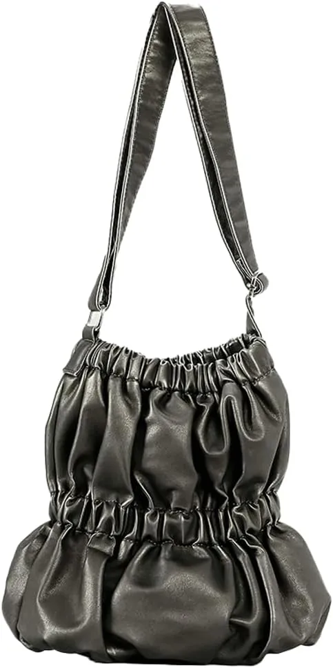 Womens Vintage Tote Bag Large Bucket Shoulder Crossbody Purse Distressed Leather Handbag Elastic Pleated Satchel