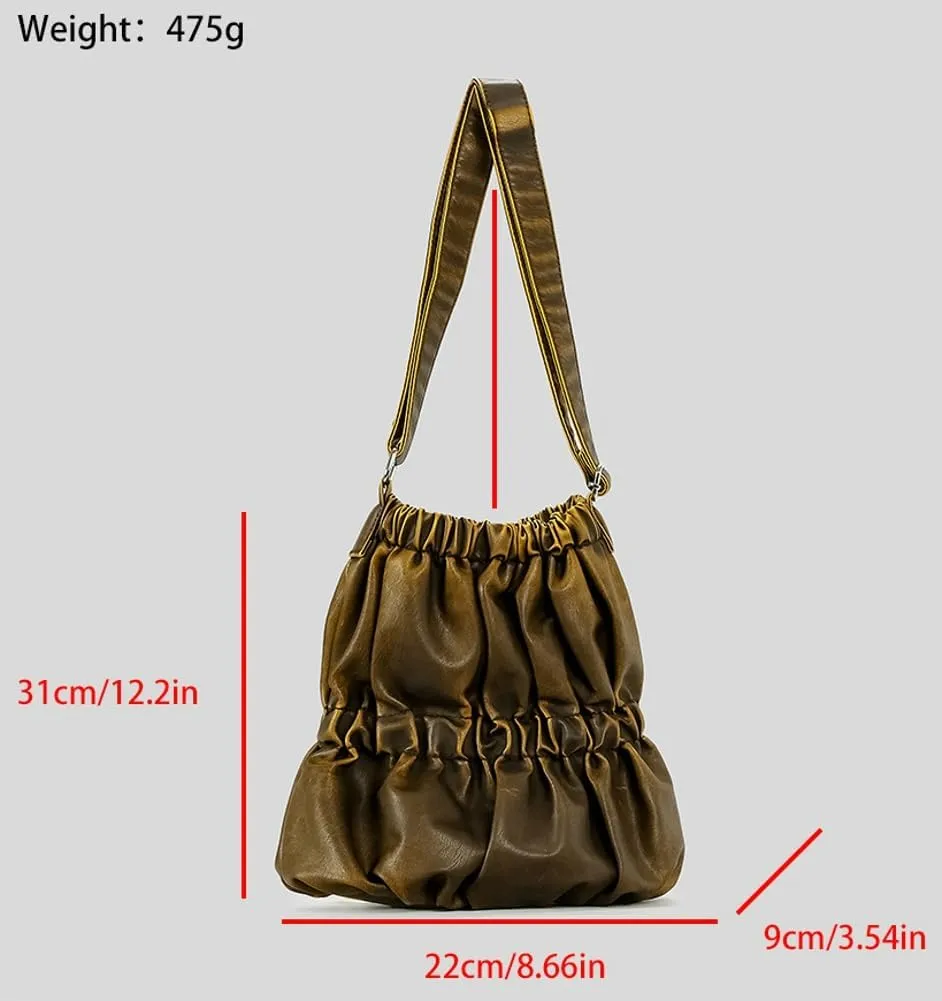 Womens Vintage Tote Bag Large Bucket Shoulder Crossbody Purse Distressed Leather Handbag Elastic Pleated Satchel