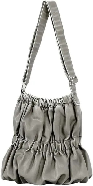 Womens Vintage Tote Bag Large Bucket Shoulder Crossbody Purse Distressed Leather Handbag Elastic Pleated Satchel