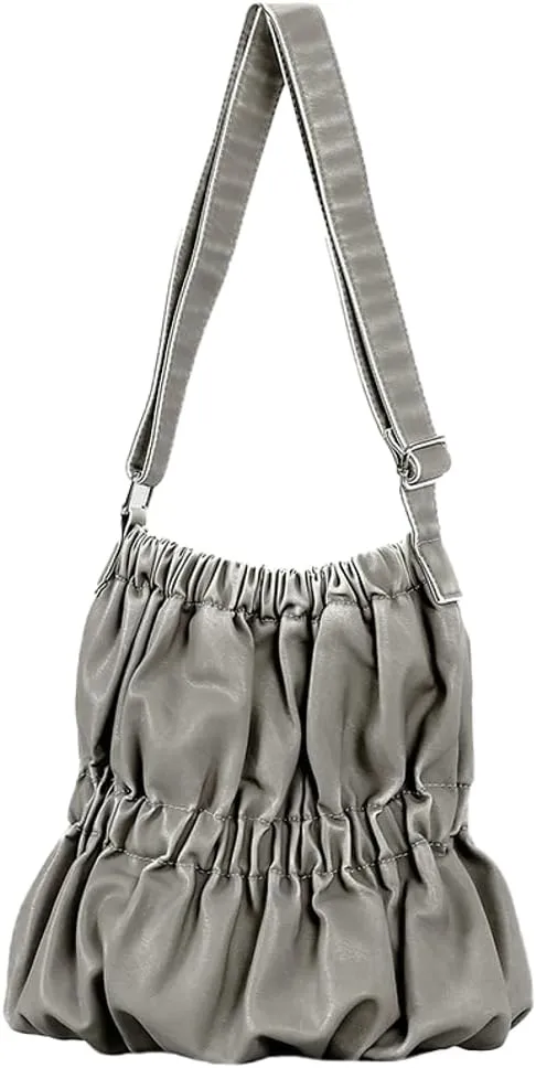 Womens Vintage Tote Bag Large Bucket Shoulder Crossbody Purse Distressed Leather Handbag Elastic Pleated Satchel