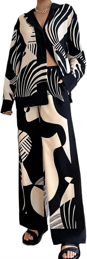 Wuitrie Womens 2 Piece Outfits Casual Print Long Sleeve Button Down Shirt Elastic Waist Wide Leg Pants Sweatsuit Sets