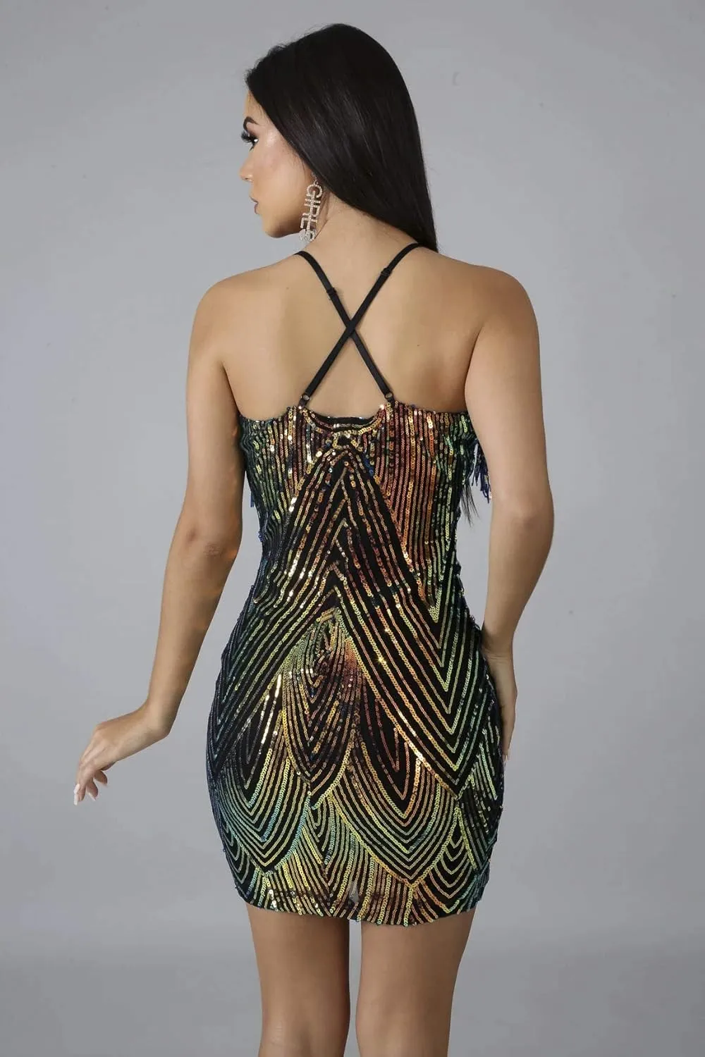 WUSENST Women's Sexy Bodycon Party Mini Dress Deep V Neck Sequin Backless Spaghetti Straps Clubwear