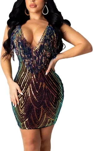 WUSENST Women's Sexy Bodycon Party Mini Dress Deep V Neck Sequin Backless Spaghetti Straps Clubwear