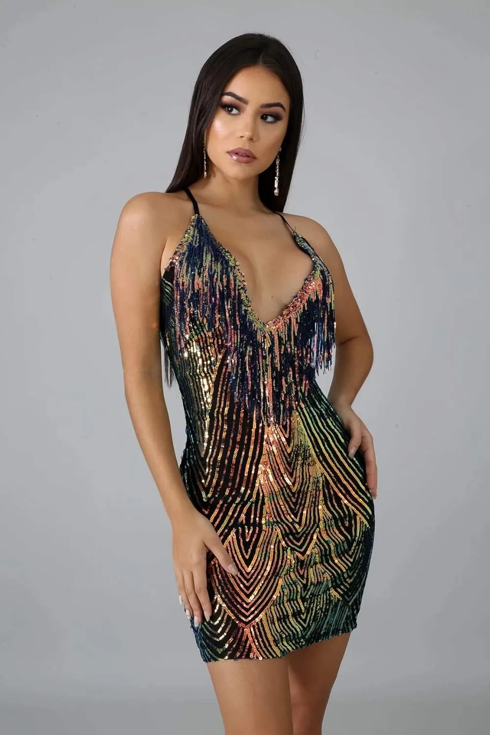 WUSENST Women's Sexy Bodycon Party Mini Dress Deep V Neck Sequin Backless Spaghetti Straps Clubwear