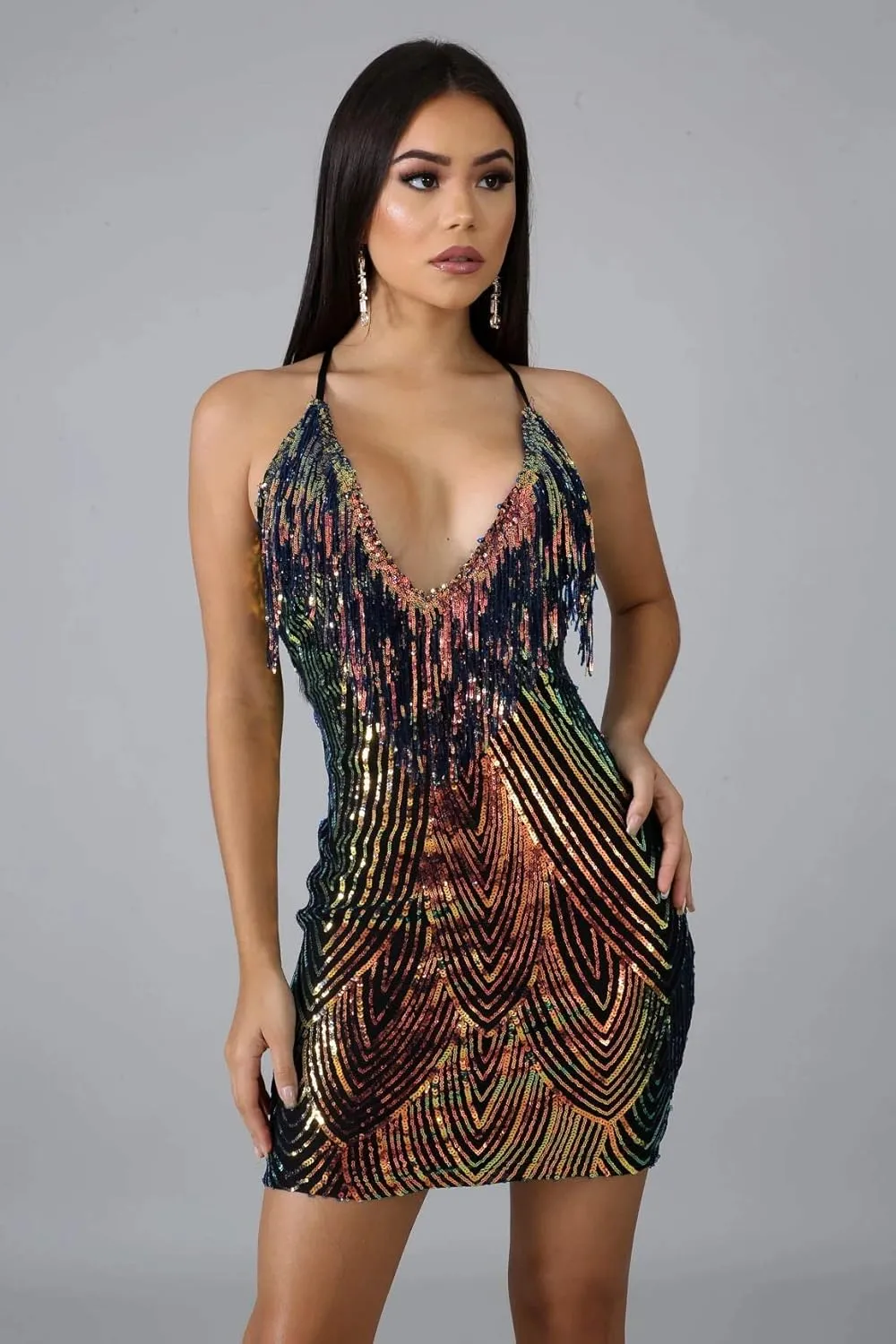 WUSENST Women's Sexy Bodycon Party Mini Dress Deep V Neck Sequin Backless Spaghetti Straps Clubwear