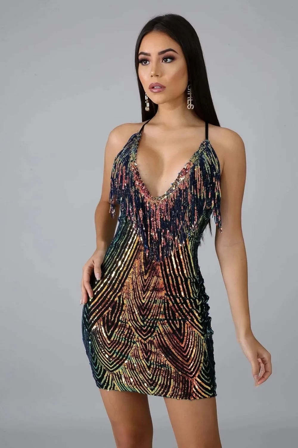 WUSENST Women's Sexy Bodycon Party Mini Dress Deep V Neck Sequin Backless Spaghetti Straps Clubwear