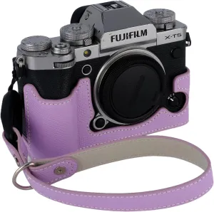 X-T5 Camera Case, Bowan Handmade Genuine Real Leather Half Camera Case Bag Cover for Fujifilm Fuji X-T5 X-T5 Camera Bottom Opening Version   Hand Strap (Purple)