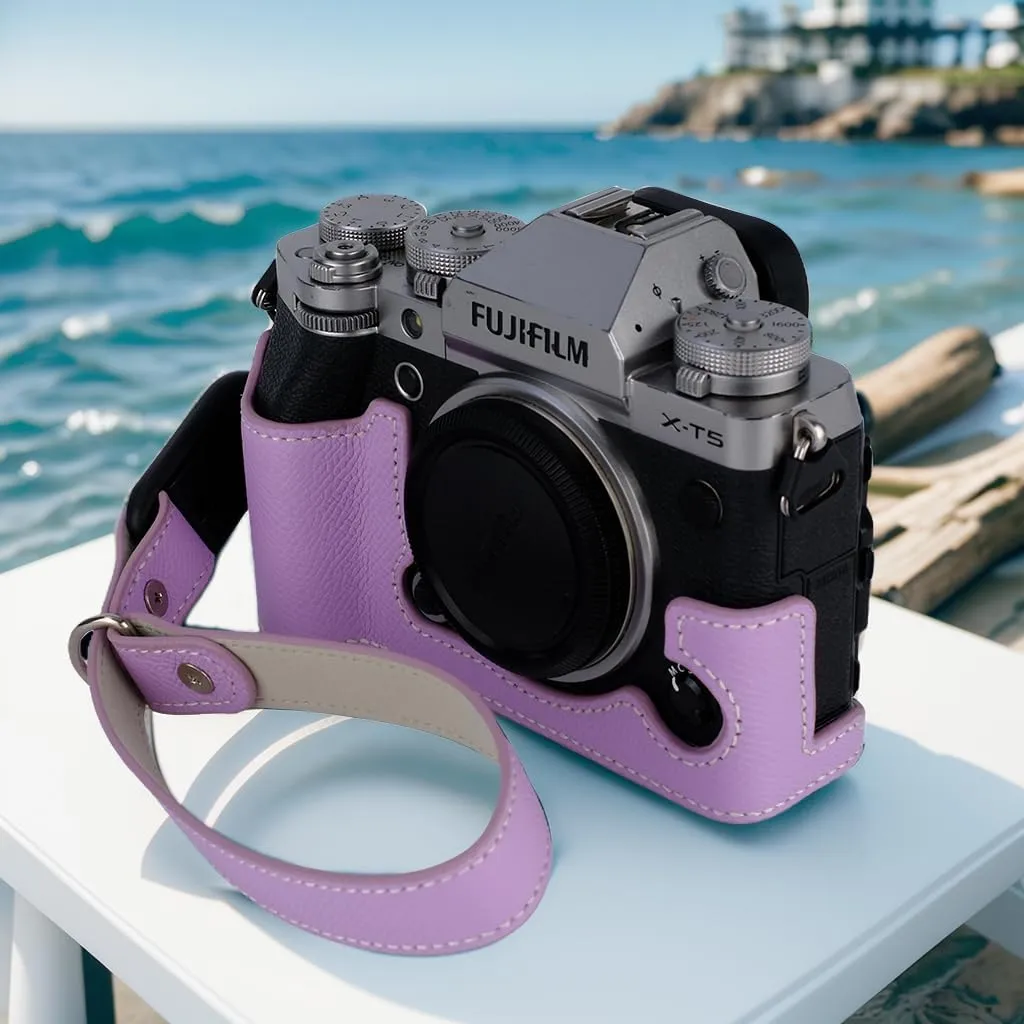 X-T5 Camera Case, Bowan Handmade Genuine Real Leather Half Camera Case Bag Cover for Fujifilm Fuji X-T5 X-T5 Camera Bottom Opening Version   Hand Strap (Purple)