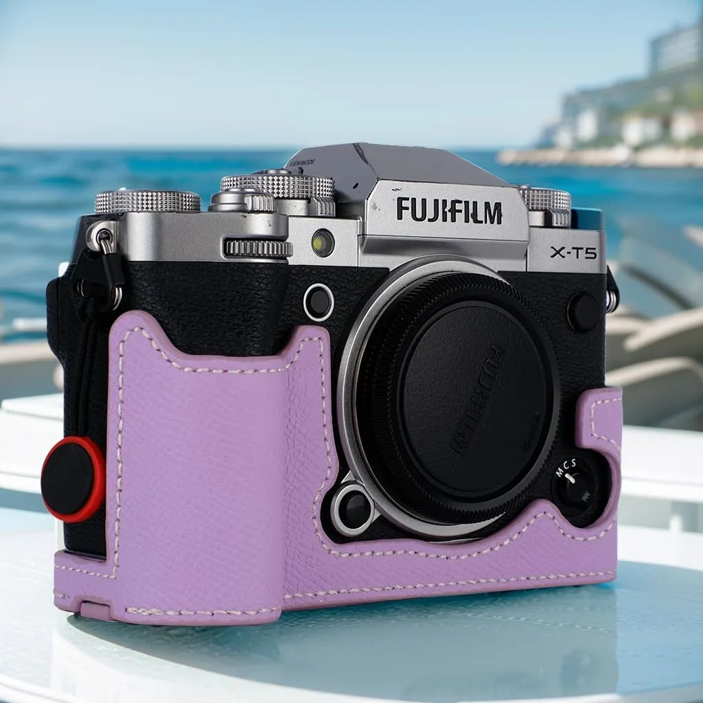 X-T5 Camera Case, Bowan Handmade Genuine Real Leather Half Camera Case Bag Cover for Fujifilm Fuji X-T5 X-T5 Camera Bottom Opening Version   Hand Strap (Purple)