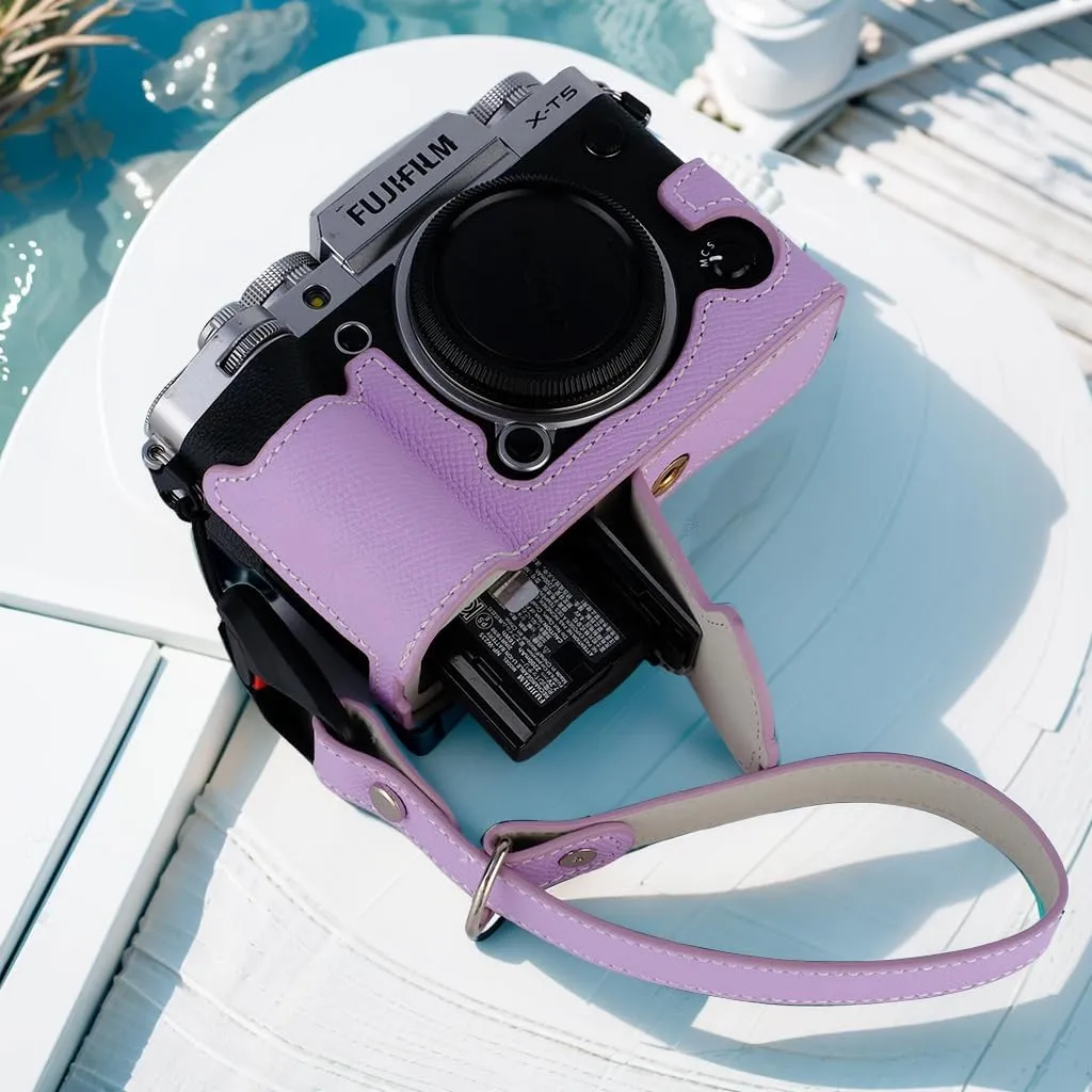 X-T5 Camera Case, Bowan Handmade Genuine Real Leather Half Camera Case Bag Cover for Fujifilm Fuji X-T5 X-T5 Camera Bottom Opening Version   Hand Strap (Purple)