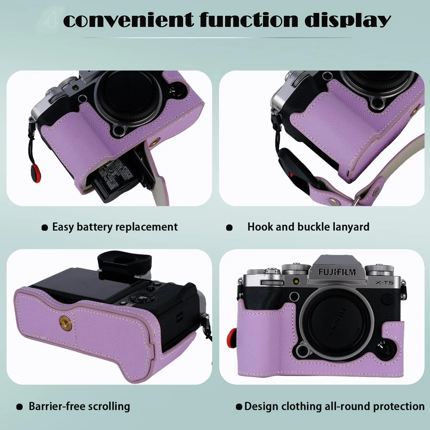 X-T5 Camera Case, Bowan Handmade Genuine Real Leather Half Camera Case Bag Cover for Fujifilm Fuji X-T5 X-T5 Camera Bottom Opening Version   Hand Strap (Purple)