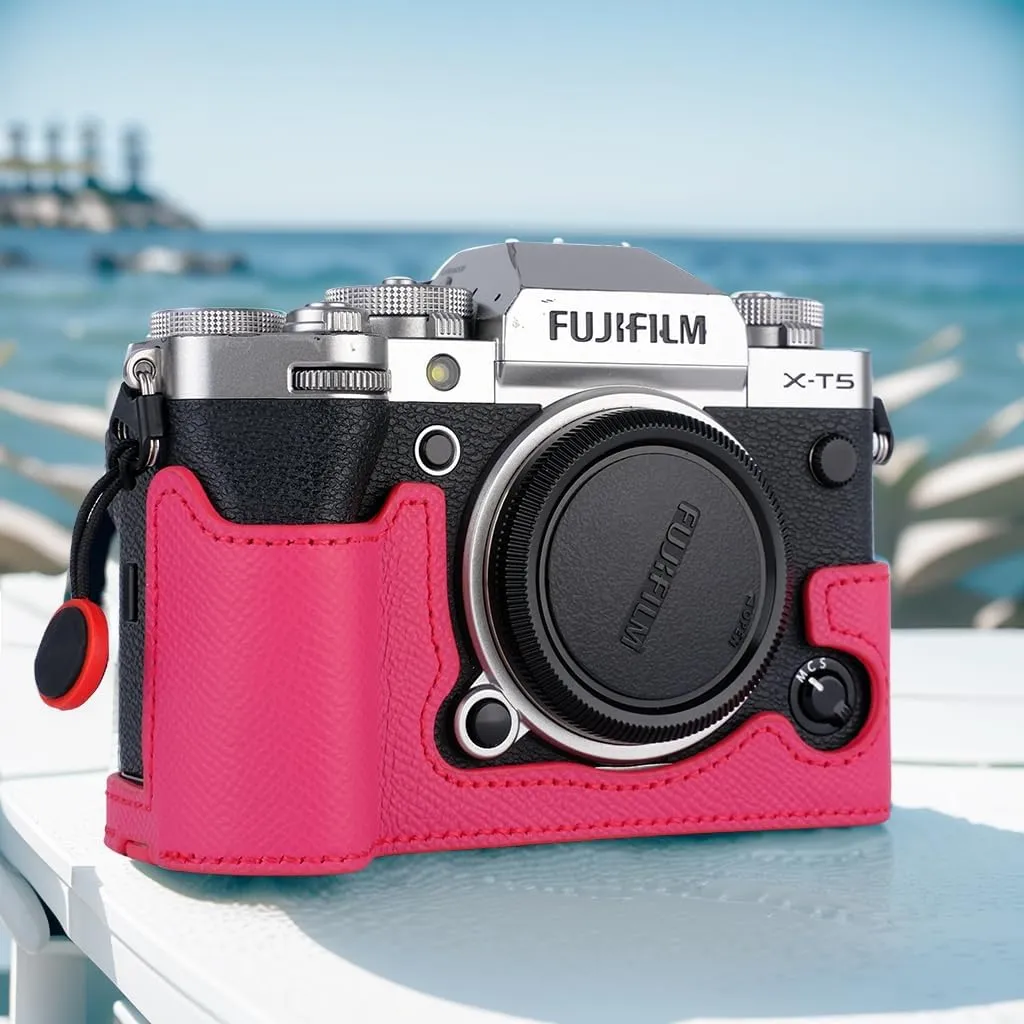 X-T5 Camera Case, Bowan Handmade Genuine Real Leather Half Camera Case Bag Cover for Fujifilm Fuji X-T5 X-T5 Camera Bottom Opening Version   Hand Strap (Rose red), XS-10