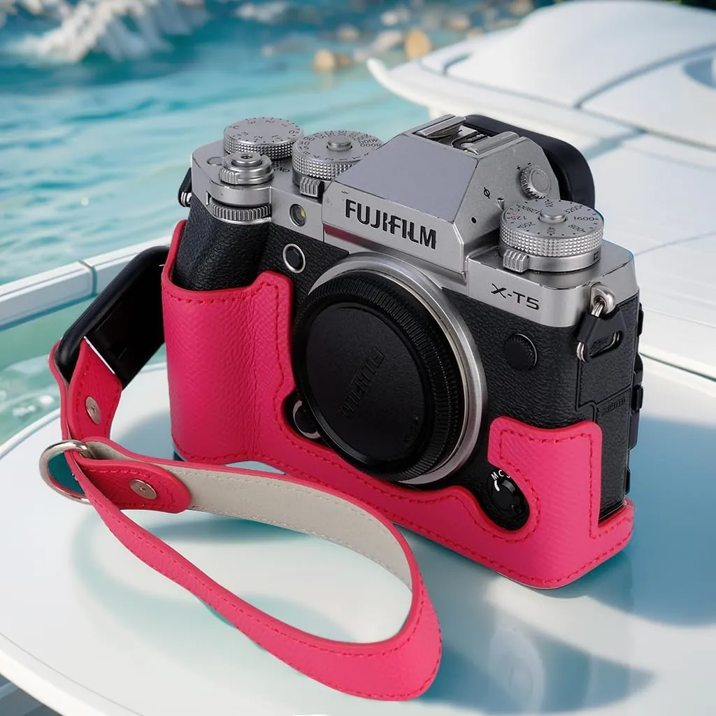 X-T5 Camera Case, Bowan Handmade Genuine Real Leather Half Camera Case Bag Cover for Fujifilm Fuji X-T5 X-T5 Camera Bottom Opening Version   Hand Strap (Rose red), XS-10