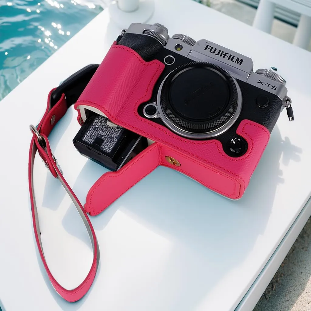 X-T5 Camera Case, Bowan Handmade Genuine Real Leather Half Camera Case Bag Cover for Fujifilm Fuji X-T5 X-T5 Camera Bottom Opening Version   Hand Strap (Rose red), XS-10