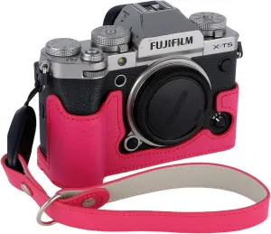 X-T5 Camera Case, Bowan Handmade Genuine Real Leather Half Camera Case Bag Cover for Fujifilm Fuji X-T5 X-T5 Camera Bottom Opening Version   Hand Strap (Rose red), XS-10