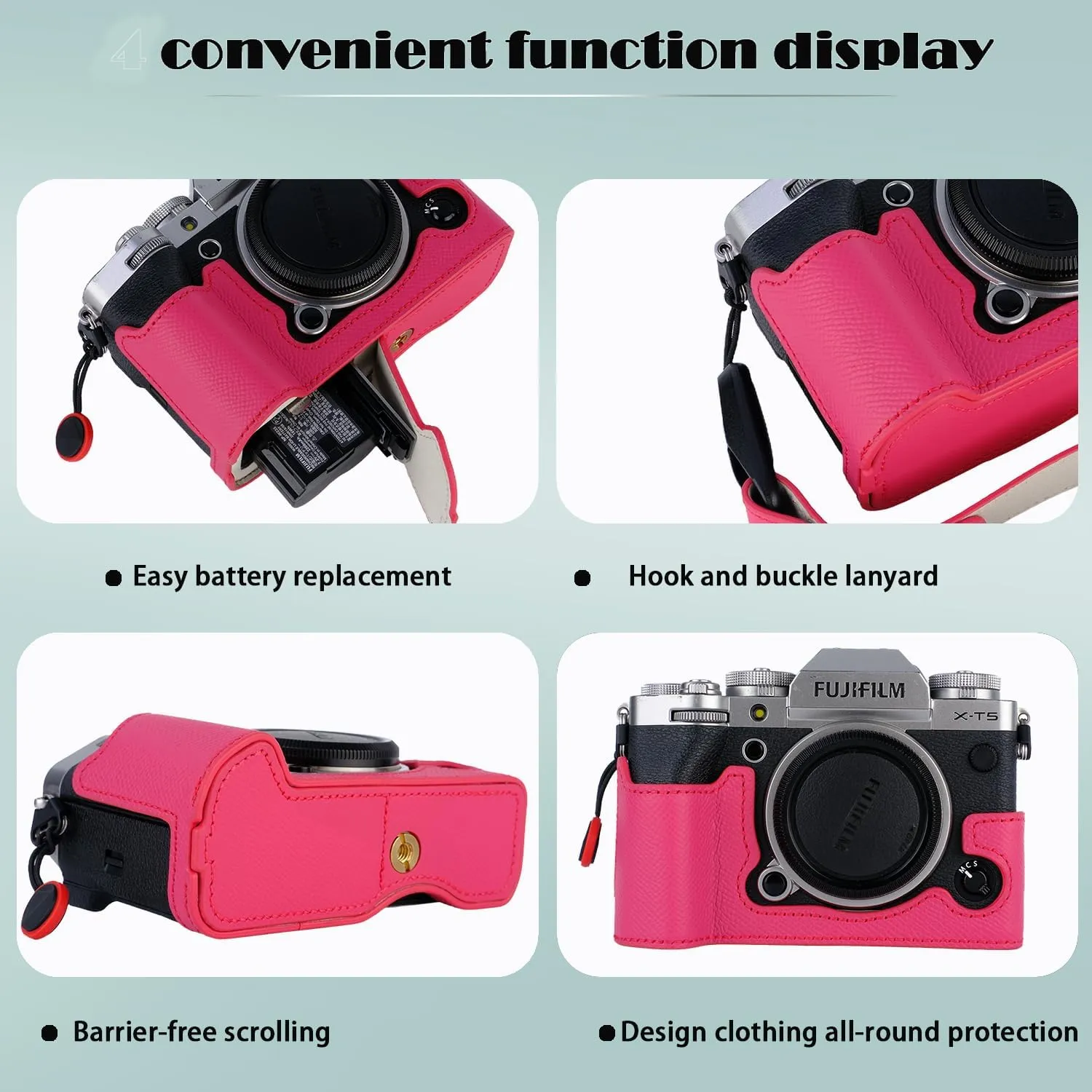 X-T5 Camera Case, Bowan Handmade Genuine Real Leather Half Camera Case Bag Cover for Fujifilm Fuji X-T5 X-T5 Camera Bottom Opening Version   Hand Strap (Rose red), XS-10