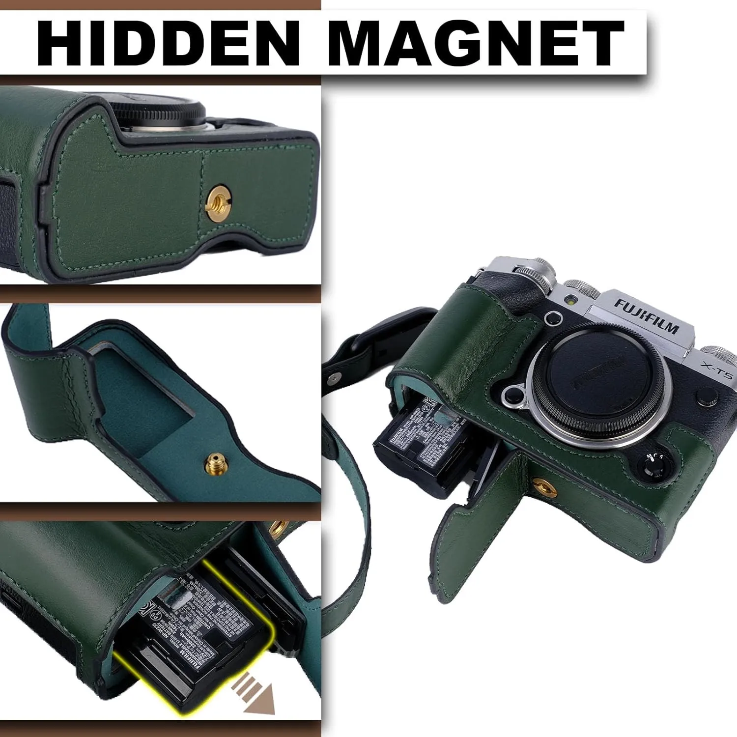 X-T5 Camera Case, Bowan Handmade Genuine Real Leather Half Camera Case Bag Cover for Fujifilm Fuji X-T5 X-T5 Camera Bottom Opening Version   Hand Strap (Vintage Green)