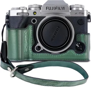 X-T5 Camera Case, Bowan Handmade Genuine Real Leather Half Camera Case Bag Cover for Fujifilm Fuji X-T5 X-T5 Camera Bottom Opening Version   Hand Strap (Vintage Green)