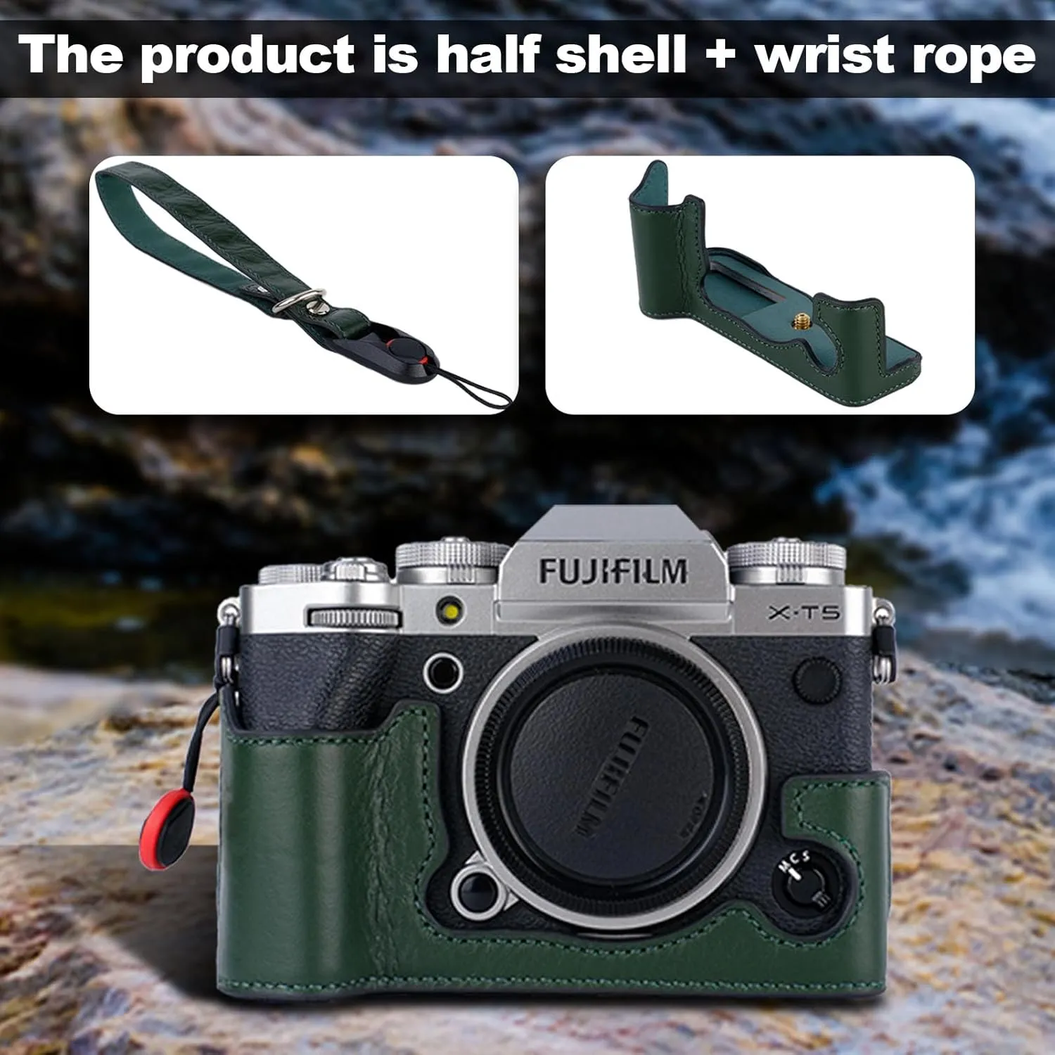 X-T5 Camera Case, Bowan Handmade Genuine Real Leather Half Camera Case Bag Cover for Fujifilm Fuji X-T5 X-T5 Camera Bottom Opening Version   Hand Strap (Vintage Green)