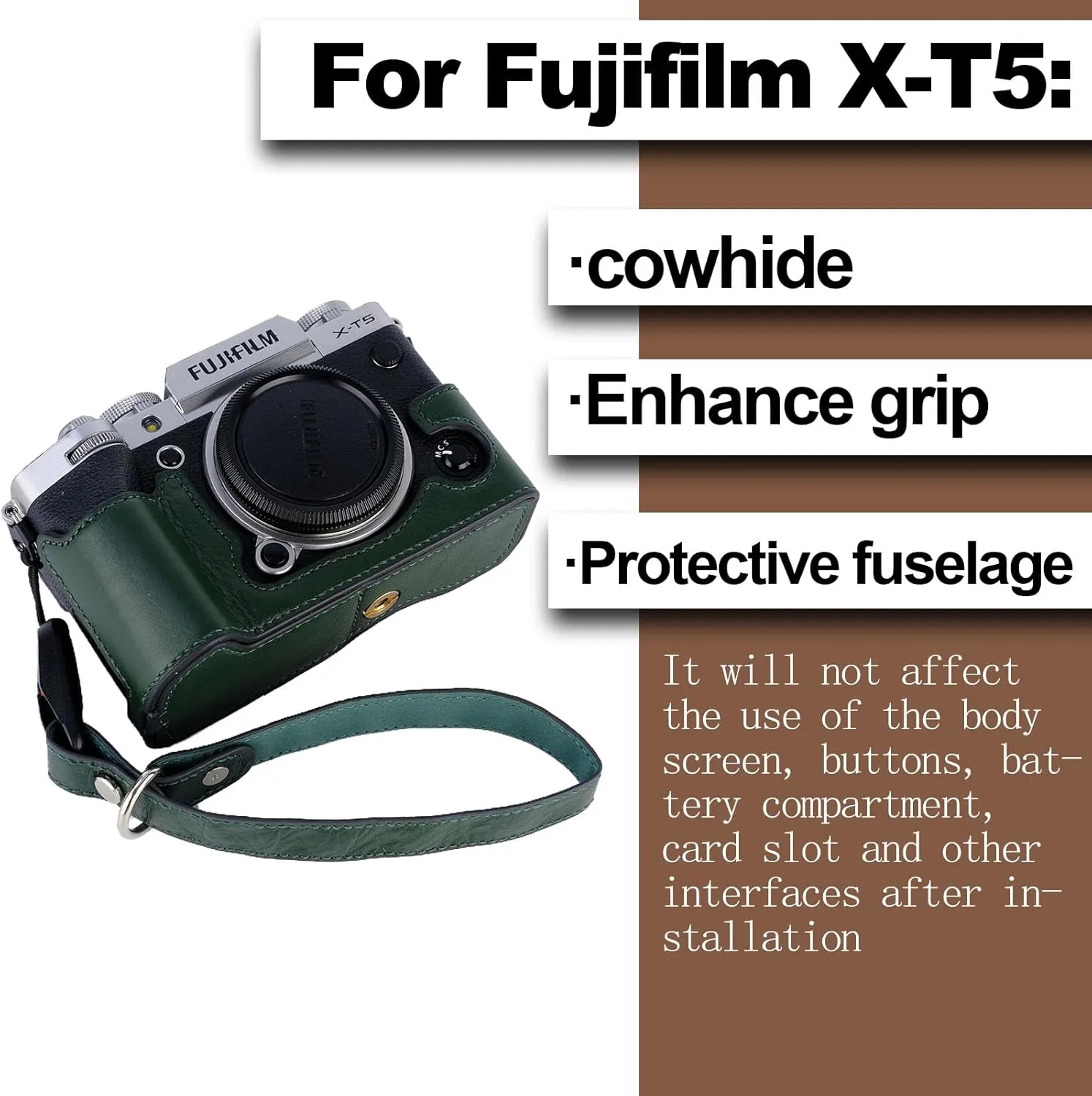 X-T5 Camera Case, Bowan Handmade Genuine Real Leather Half Camera Case Bag Cover for Fujifilm Fuji X-T5 X-T5 Camera Bottom Opening Version   Hand Strap (Vintage Green)