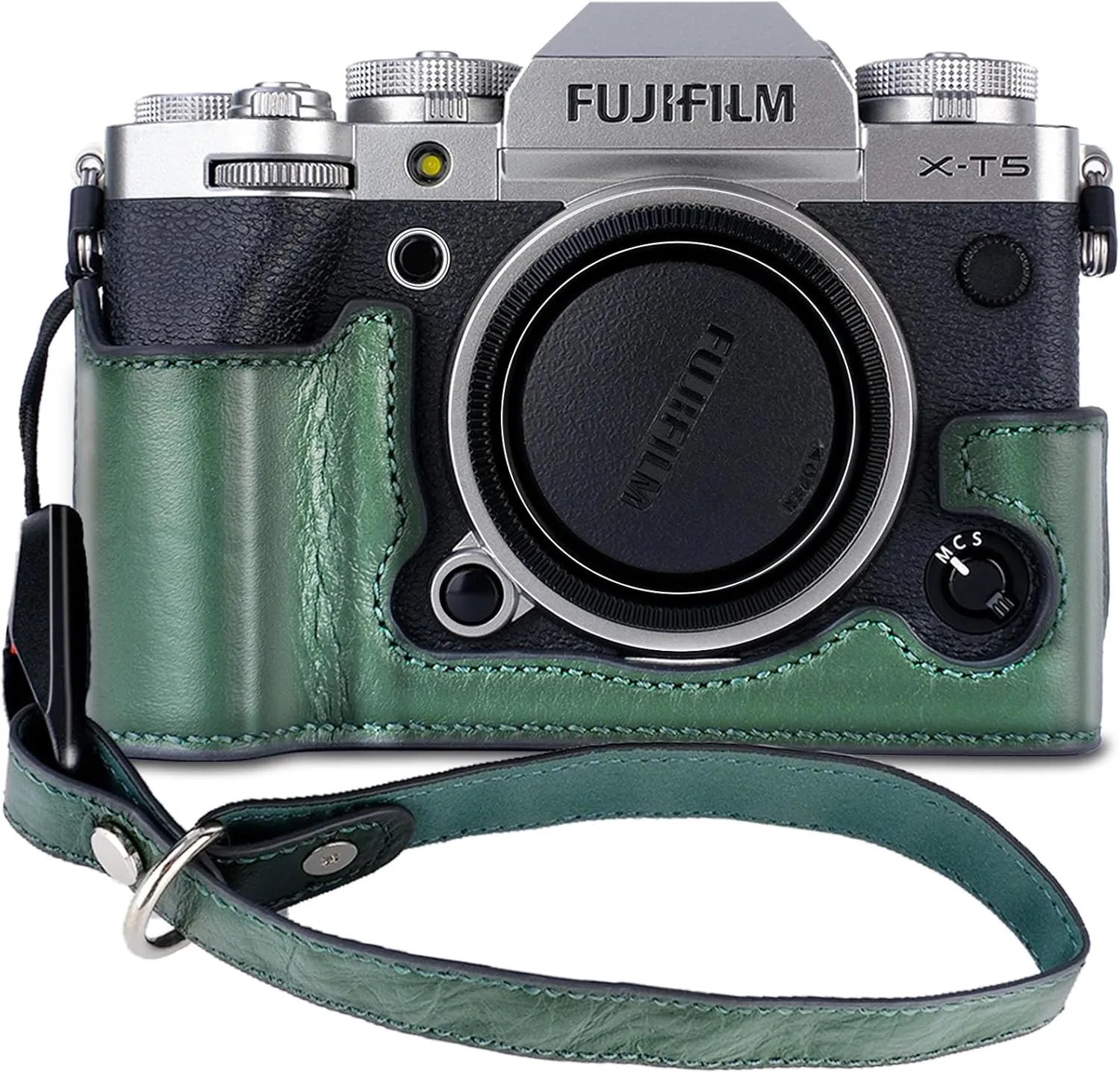 X-T5 Camera Case, Bowan Handmade Genuine Real Leather Half Camera Case Bag Cover for Fujifilm Fuji X-T5 X-T5 Camera Bottom Opening Version   Hand Strap (Vintage Green)