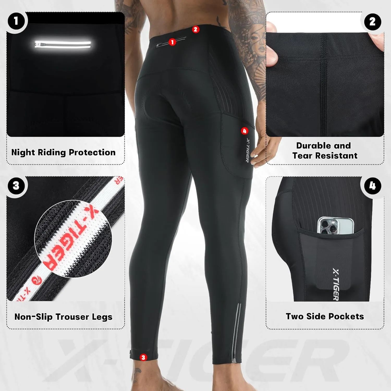 X-TIGER Men's Bike Pants 5D Gel Padded Cycling Tights Leggings Outdoor Riding Mountain Road Bicycle Trousers