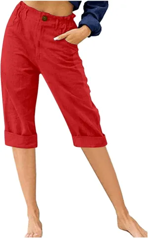 XUNRYAN Bermuda Shorts Women Cotton Linen Capri Pants High Waist Crop Trousers with Pockets Comfy Summer Fall Loungewear