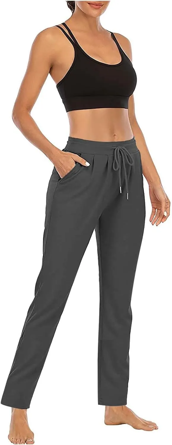 XUNRYAN Yoga Pants Women Pockets Lightweight Hiking Pants Drawstring High Waist Joggers Fitness Athletic Workout Trousers