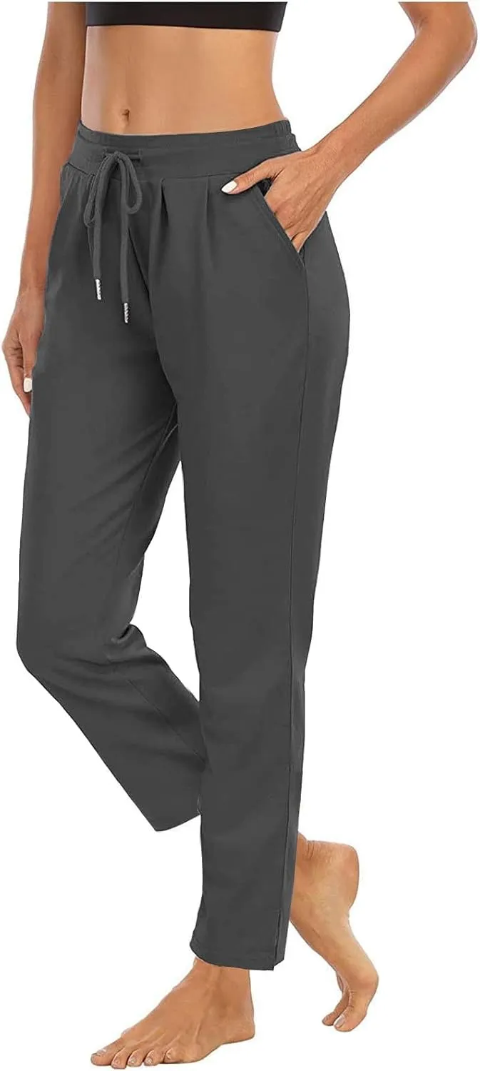 XUNRYAN Yoga Pants Women Pockets Lightweight Hiking Pants Drawstring High Waist Joggers Fitness Athletic Workout Trousers