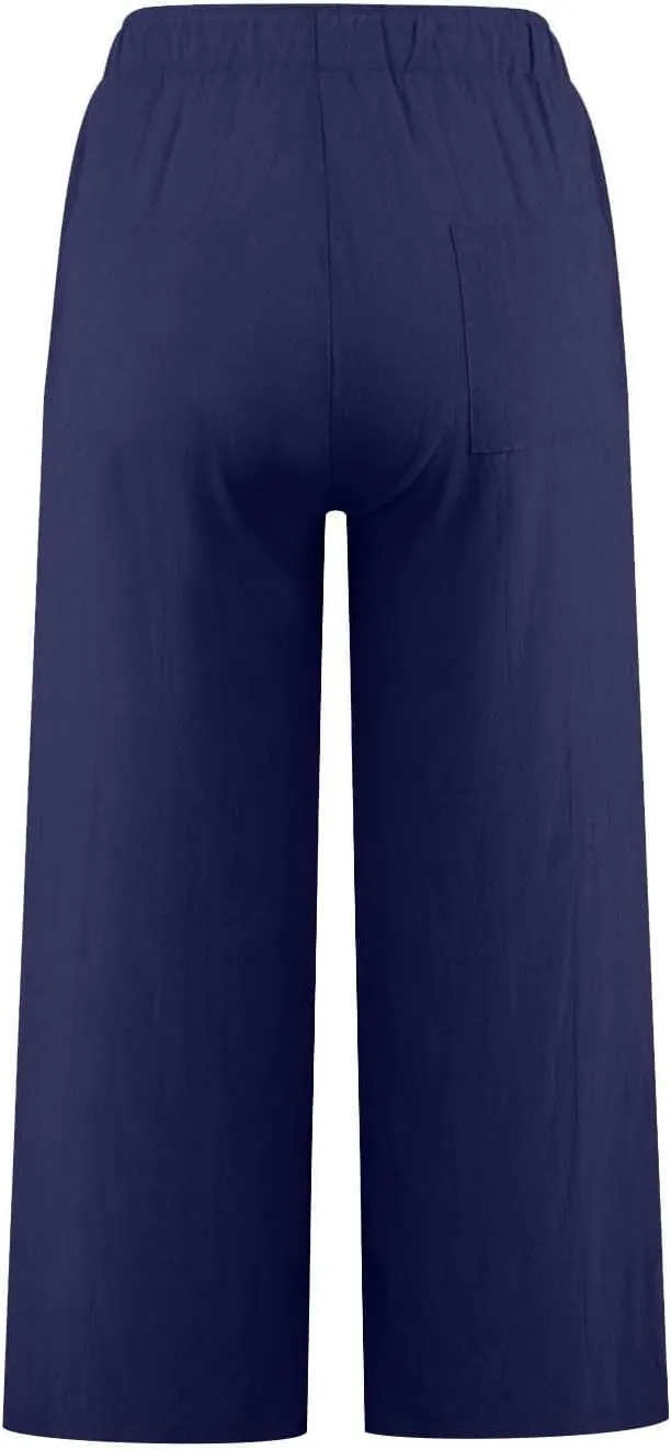 yardsong Capri Pants for Women Cotton Linen Summer Wide Leg Pants Casual Loose Fit Drawstring Boho Beach Pant with Pockets
