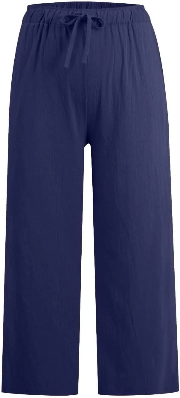 yardsong Capri Pants for Women Cotton Linen Summer Wide Leg Pants Casual Loose Fit Drawstring Boho Beach Pant with Pockets