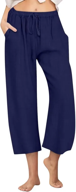 yardsong Capri Pants for Women Cotton Linen Summer Wide Leg Pants Casual Loose Fit Drawstring Boho Beach Pant with Pockets